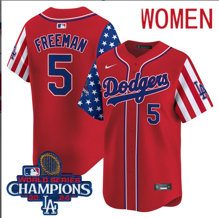Women MLB Los Angeles Dodgers 5 Freeman American Style red 2024 World Series Champions Limited Jersey